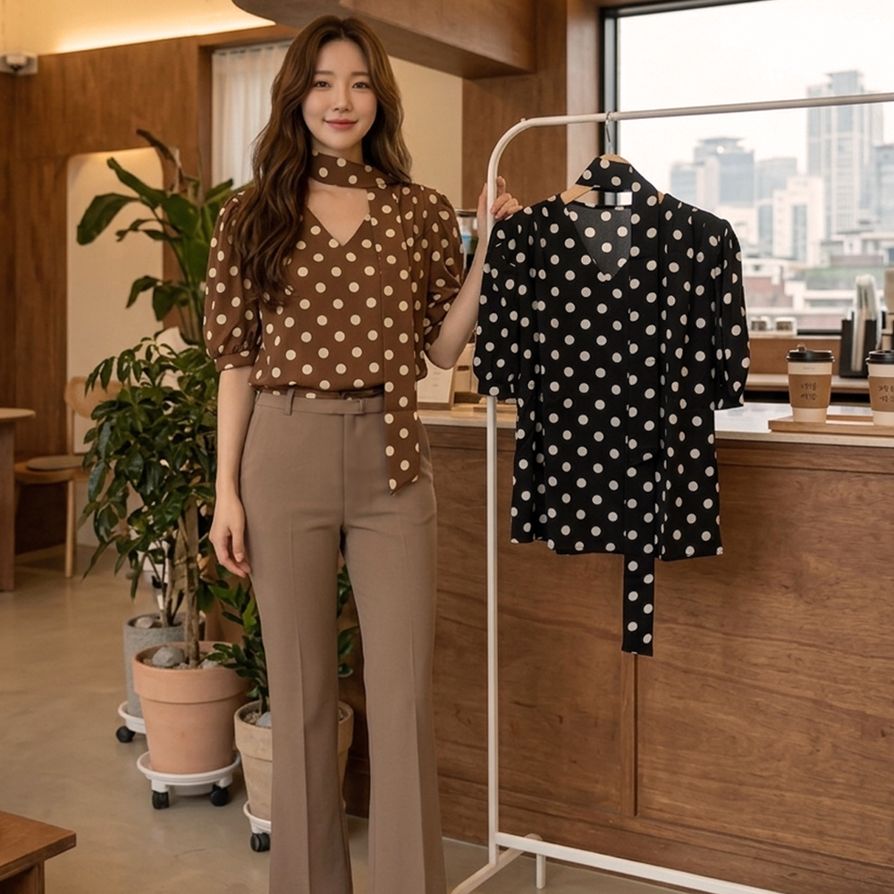 復古大圓點V領上衣