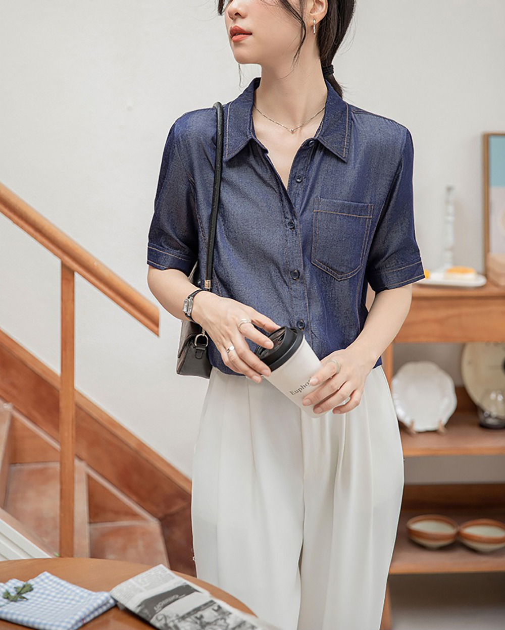 知性氣質牛仔藍襯衫,evaviva,8C-GO7631,知性氣質牛仔藍襯衫,領500,999免運