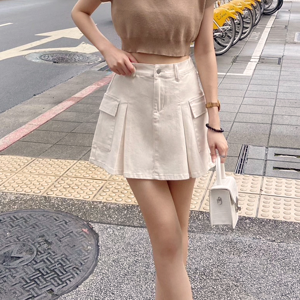 後腰鬆緊打褶口袋短裙