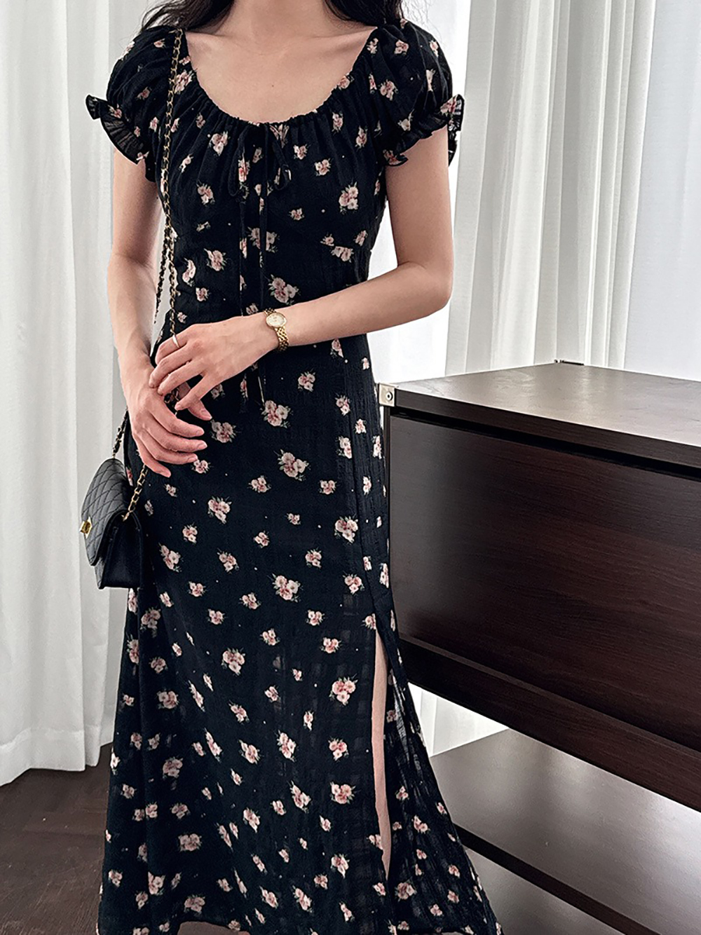 印花泡泡袖開衩長洋裝,evaviva,U2-ZD09222,印花泡泡袖開衩長洋裝,周新品優惠,NEWARRIVAL