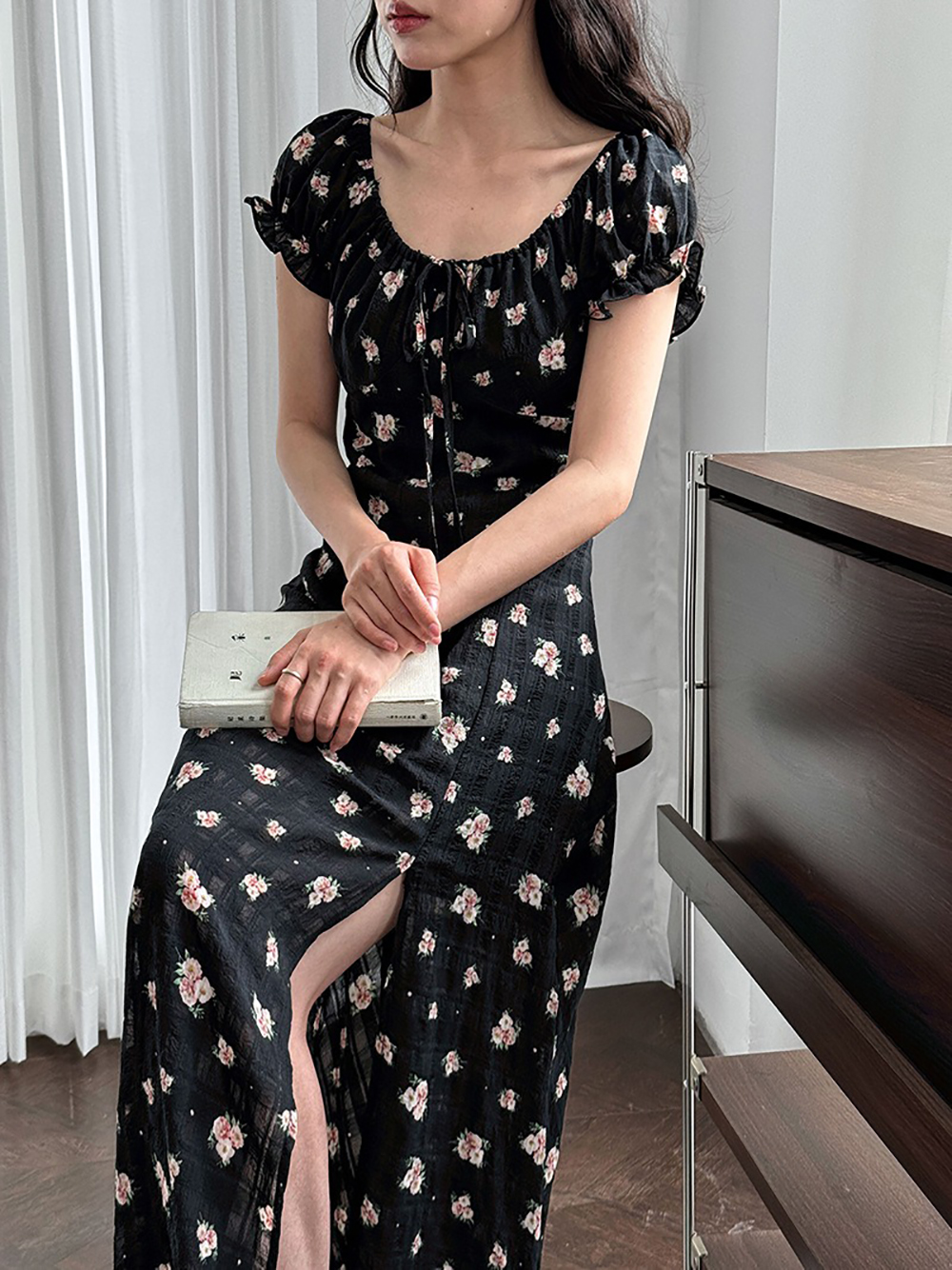 印花泡泡袖開衩長洋裝,evaviva,U2-ZD09222,印花泡泡袖開衩長洋裝,周新品優惠,NEWARRIVAL