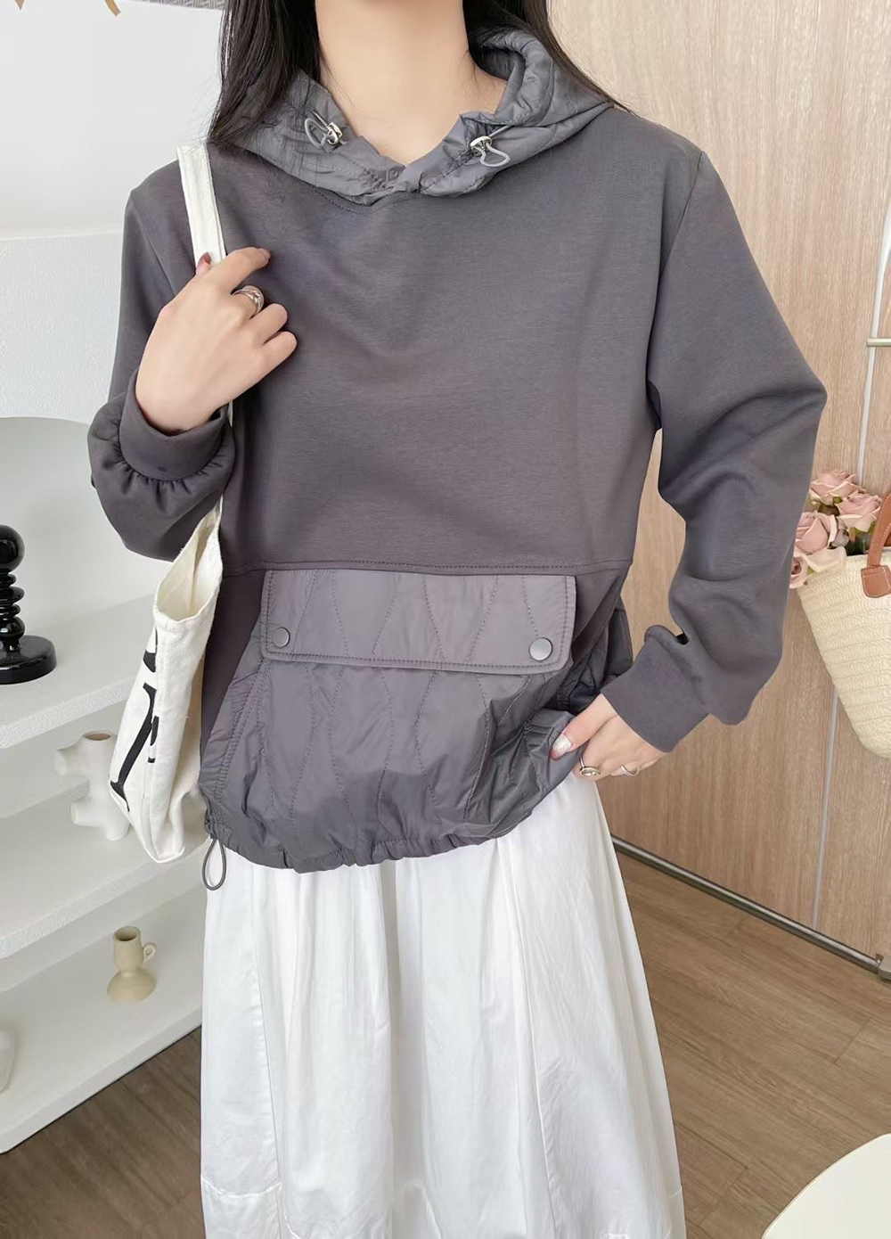 異材質拼接連帽上衣,evaviva,99-AL7069,異材質拼接連帽上衣,NEWARRIVAL,流行服飾