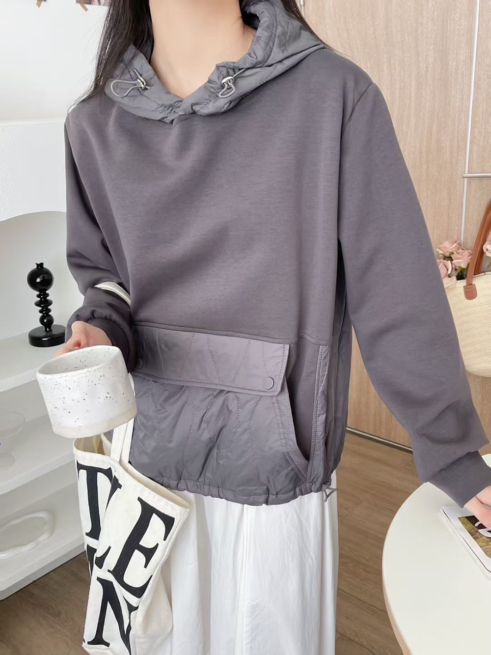 異材質拼接連帽上衣,evaviva,99-AL7069,異材質拼接連帽上衣,NEWARRIVAL,流行服飾