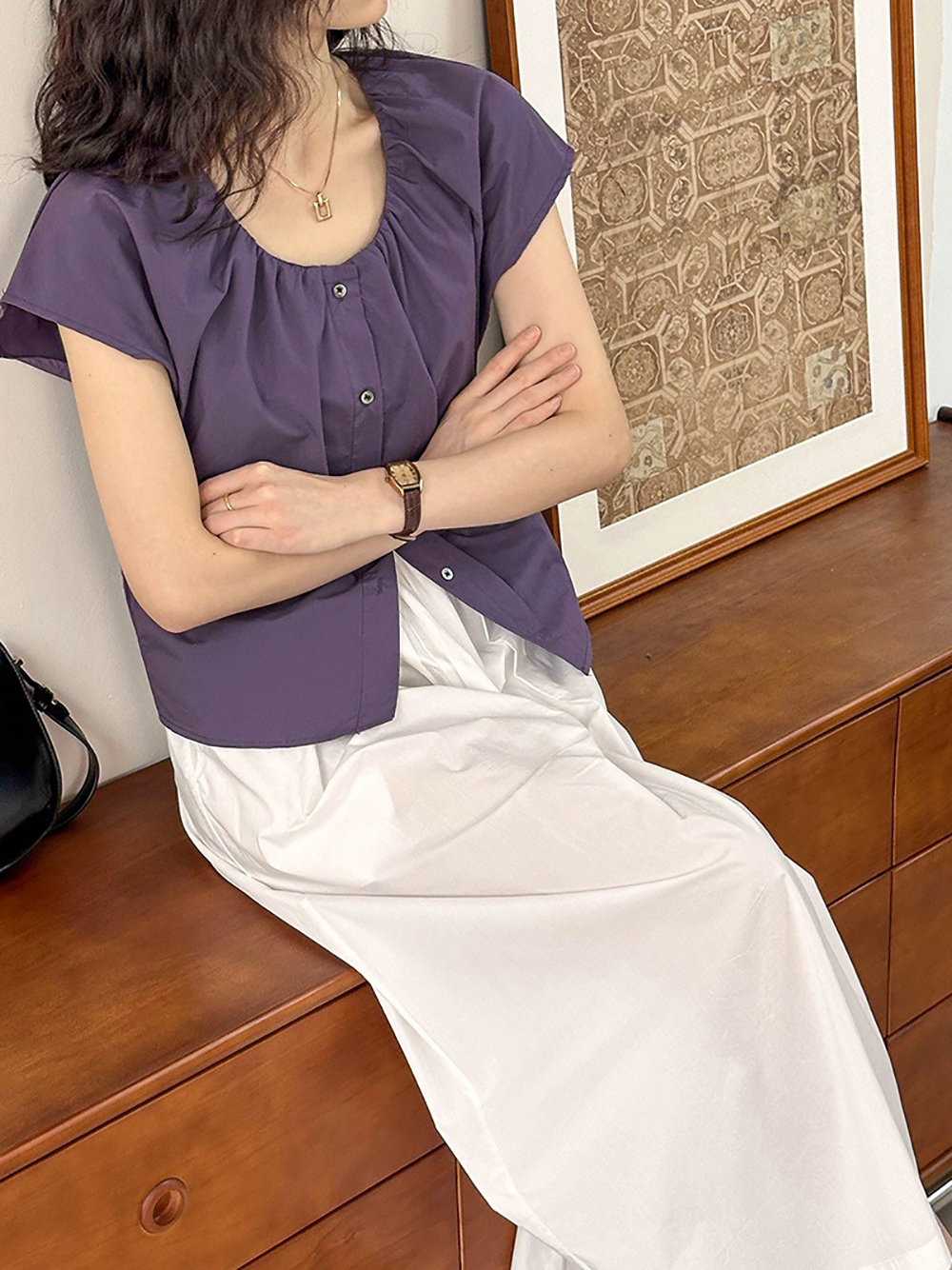 簡約復古圓領修身襯衫,evaviva,8C-GW7722,簡約復古圓領修身襯衫,領500,999免運