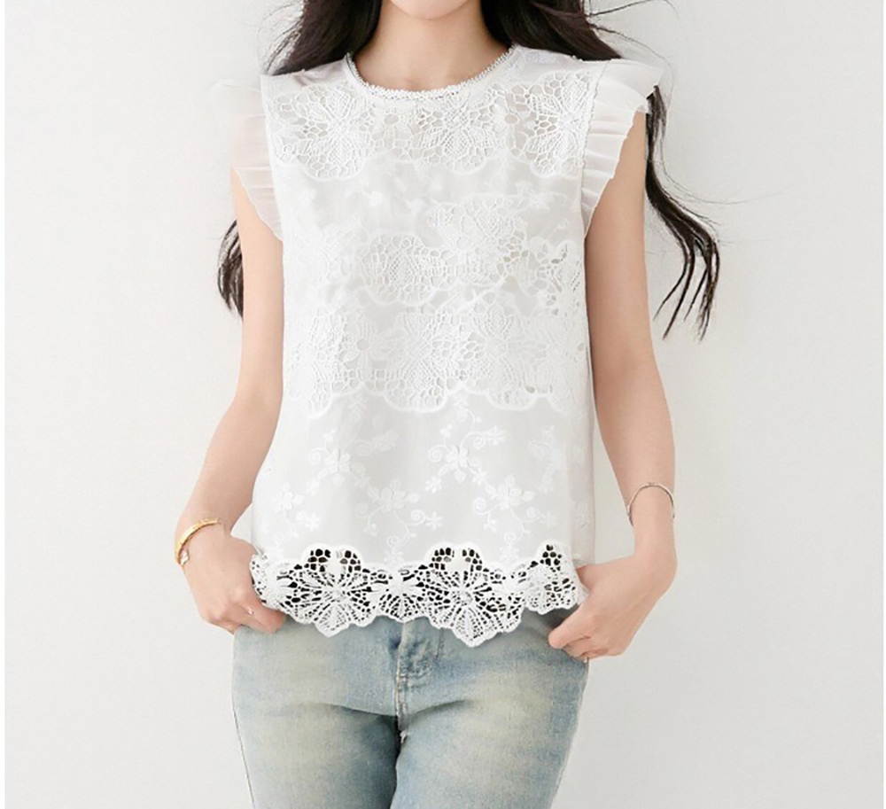 蕾絲刺繡荷葉飛袖上衣,evaviva,8C-GO7750,蕾絲刺繡荷葉飛袖上衣,領500,999免運