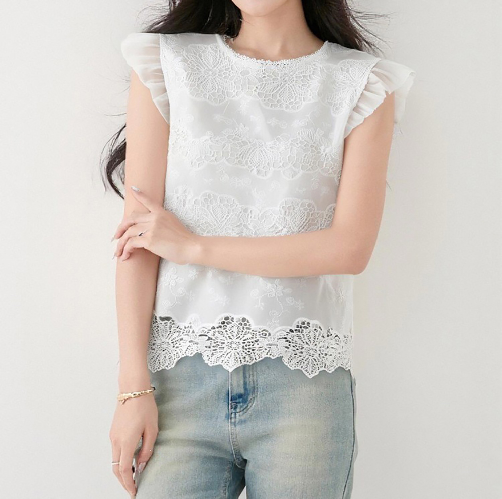 蕾絲刺繡荷葉飛袖上衣,evaviva,8C-GO7750,蕾絲刺繡荷葉飛袖上衣,領500,999免運
