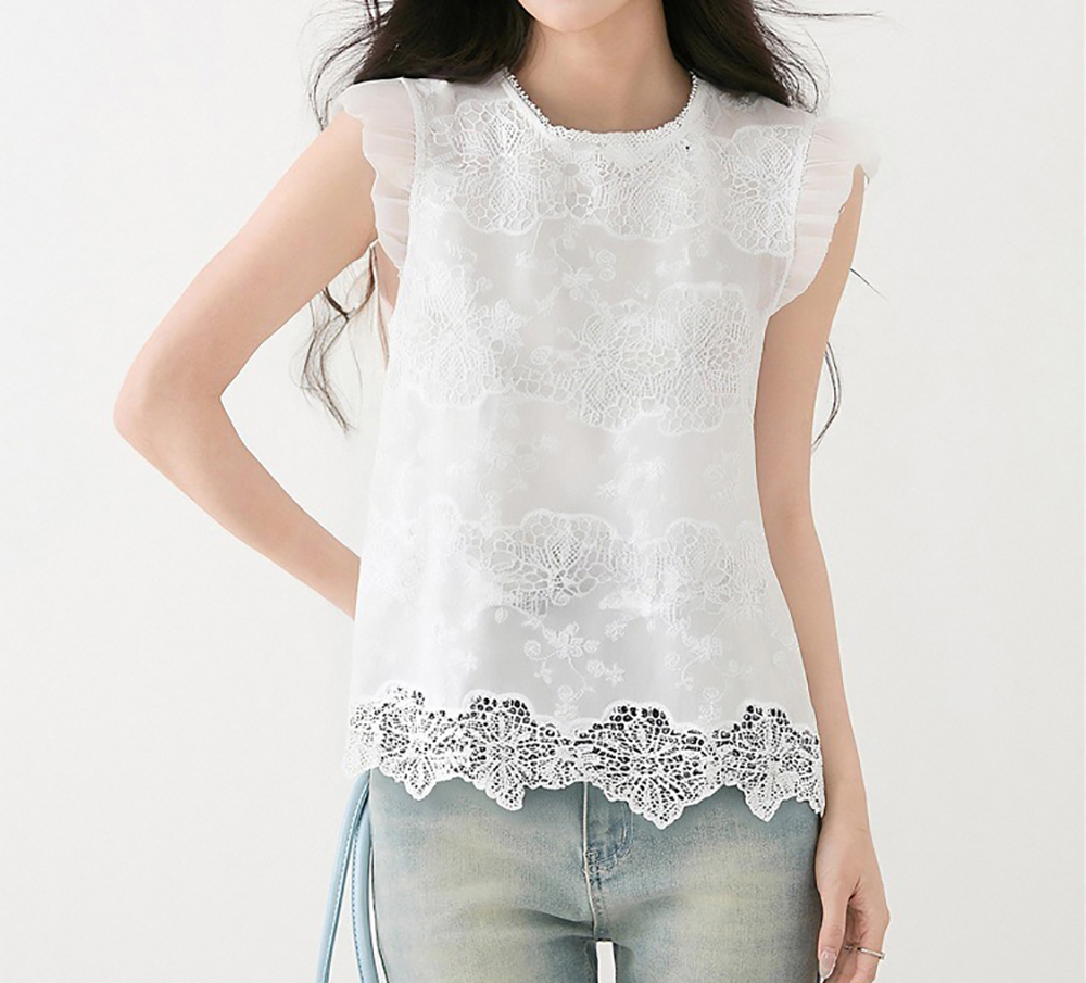 蕾絲刺繡荷葉飛袖上衣,evaviva,8C-GO7750,蕾絲刺繡荷葉飛袖上衣,領500,999免運
