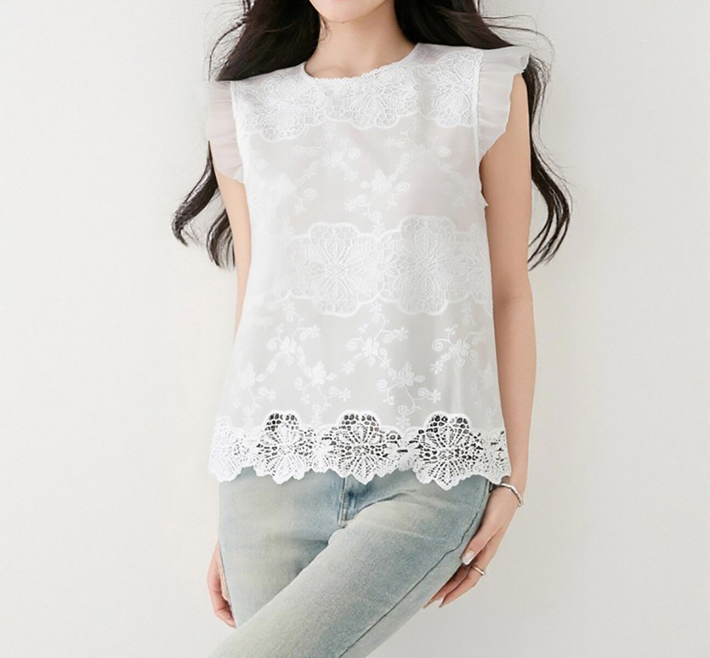 蕾絲刺繡荷葉飛袖上衣,evaviva,8C-GO7750,蕾絲刺繡荷葉飛袖上衣,領500,999免運