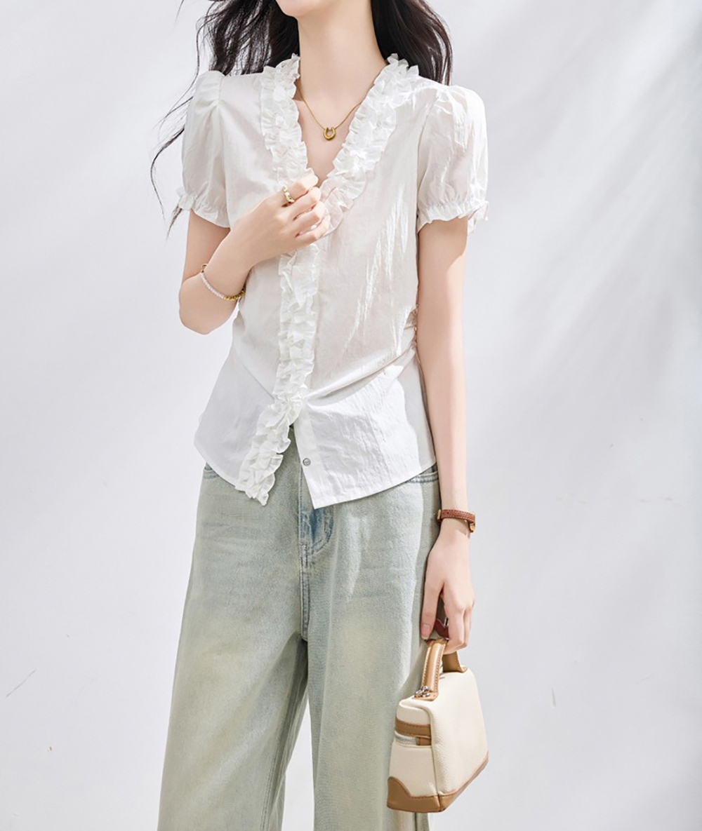 木耳邊V領泡泡袖襯衫,evaviva,8C-GO7775,木耳邊V領泡泡袖襯衫,領500,999免運