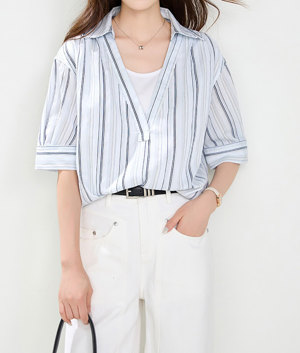 假兩件拼接條紋襯衫,evaviva,8C-GO7776,假兩件拼接條紋襯衫,領500,999免運