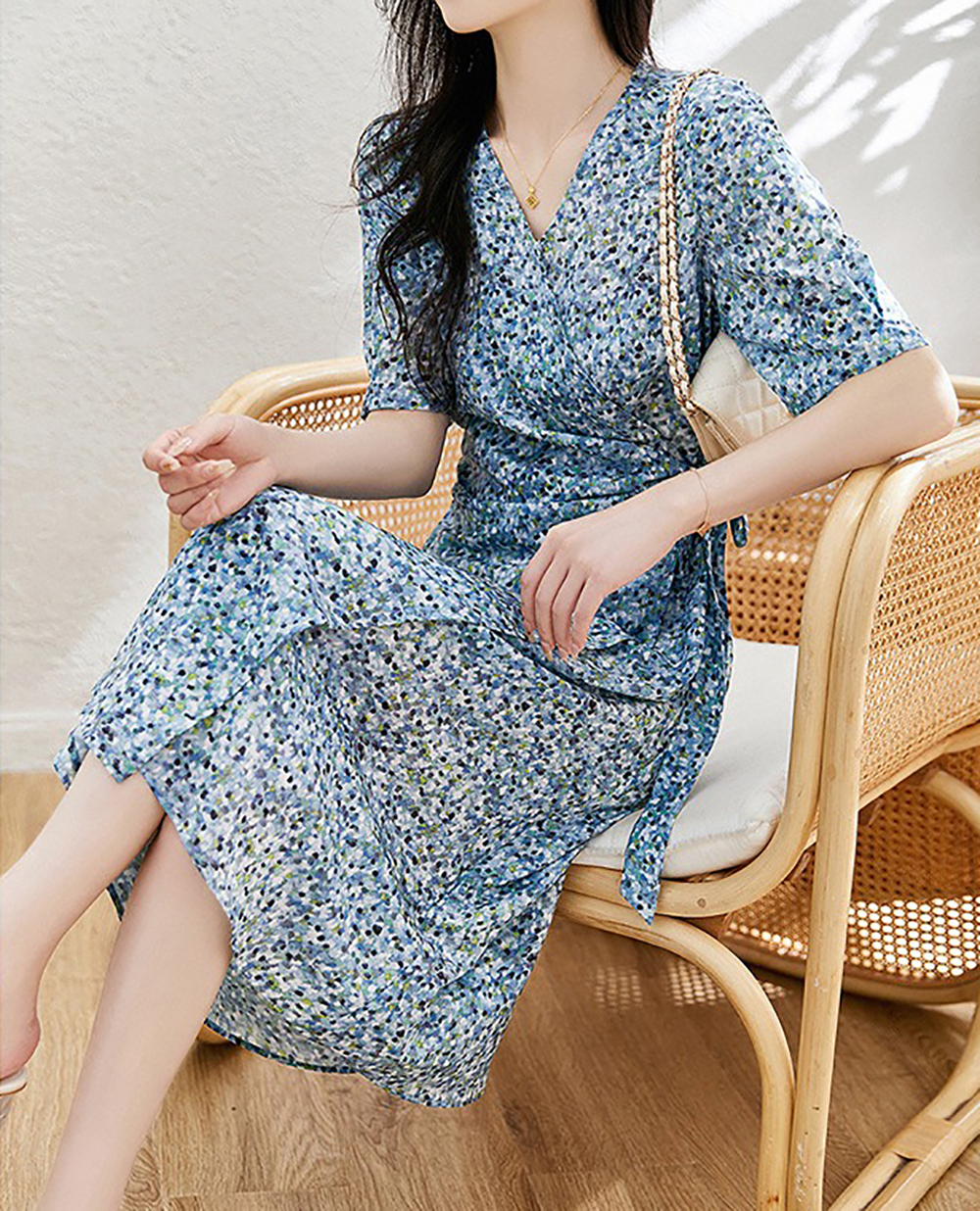 法式油畫風側綁帶洋裝,evaviva,8C-GY7786,法式油畫風側綁帶洋裝,領500,999免運