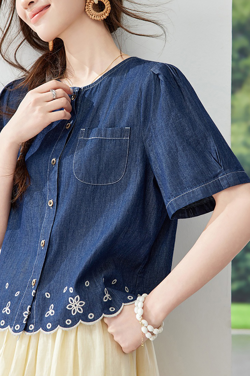 圓領刺繡款牛仔襯衫,evaviva,8C-HV7780,圓領刺繡款牛仔襯衫,周新品優惠,NEWARRIVAL