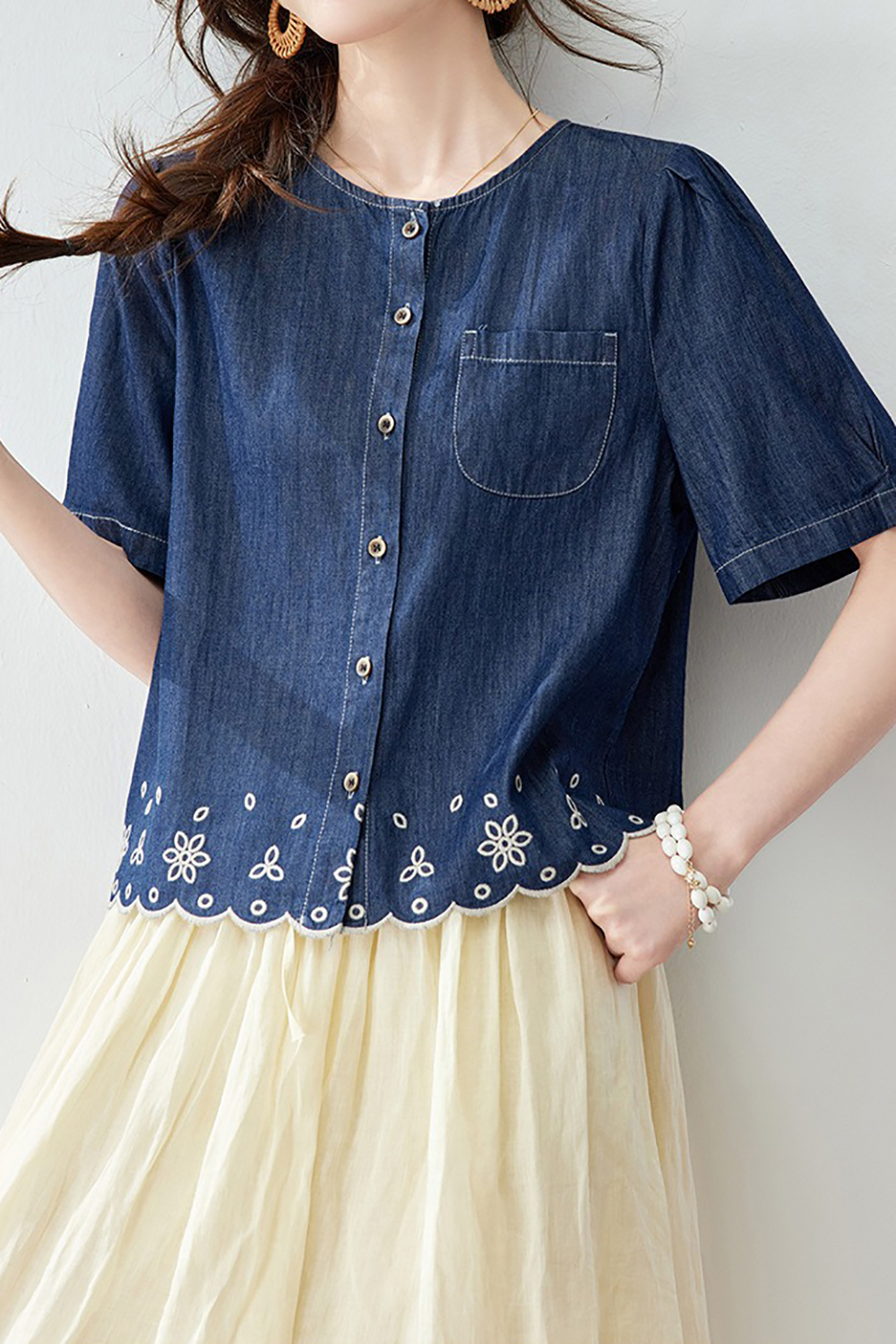 圓領刺繡款牛仔襯衫,evaviva,8C-HV7780,圓領刺繡款牛仔襯衫,周新品優惠,NEWARRIVAL
