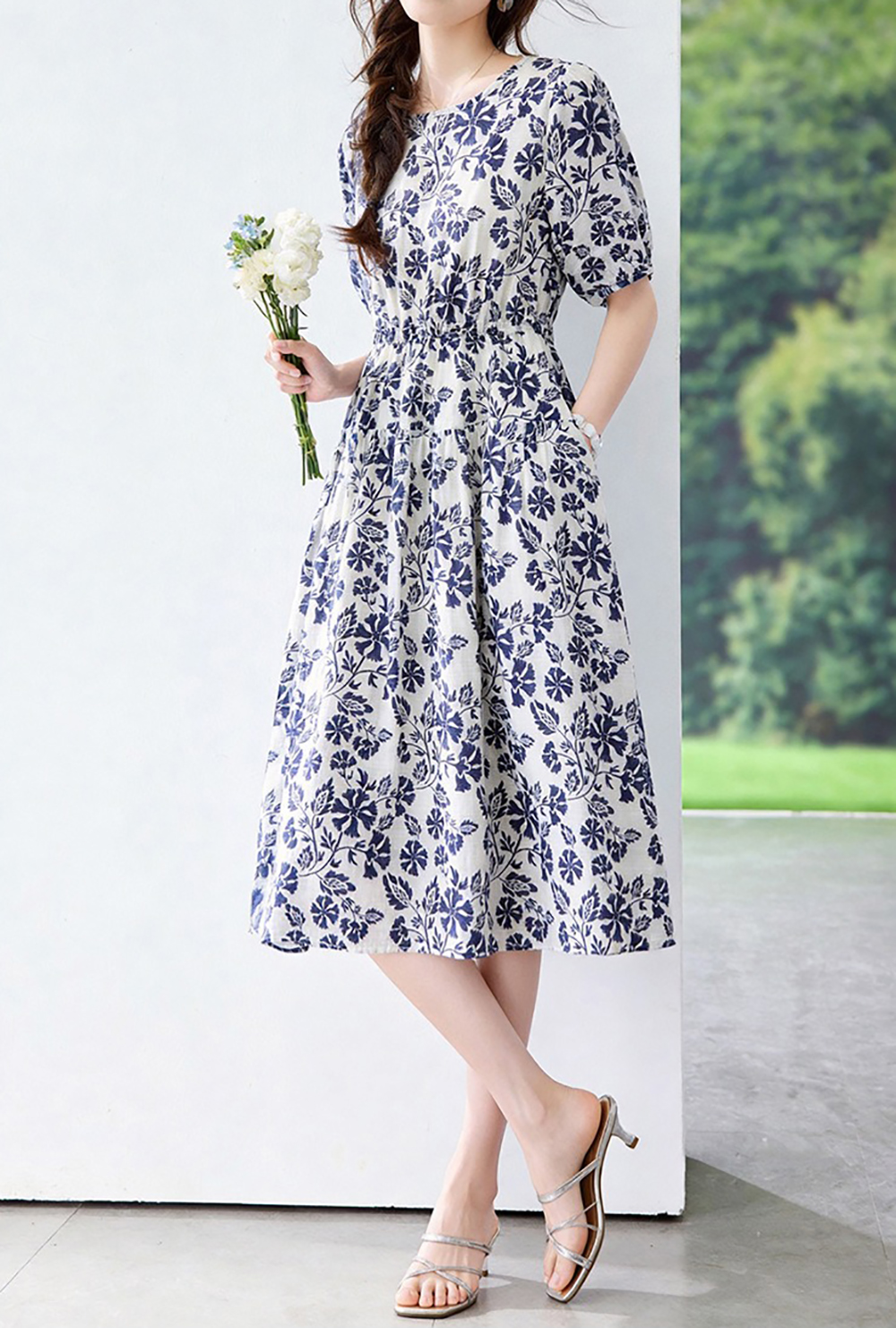 天絲混紡圓領印花洋裝,evaviva,8C-HV7781,天絲混紡圓領印花洋裝,領500,999免運