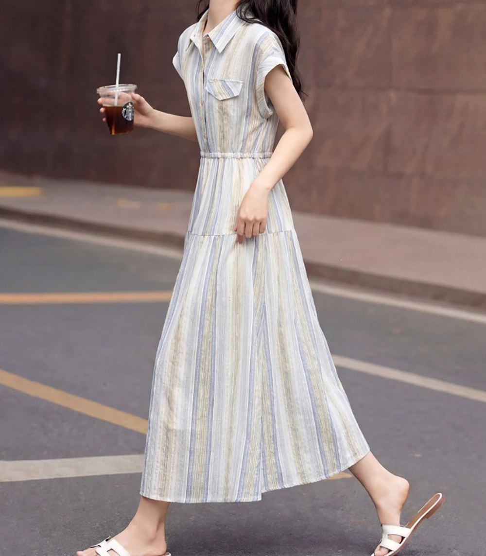 撞色條紋襯衫式長洋裝,evaviva,8C-GY7808,撞色條紋襯衫式長洋裝,領500,999免運