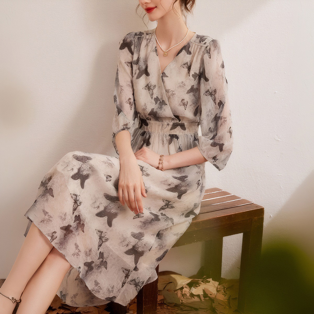 絕美蝴蝶印花V領洋裝,evaviva,8C-GY7846,絕美蝴蝶印花V領洋裝,領500,999免運