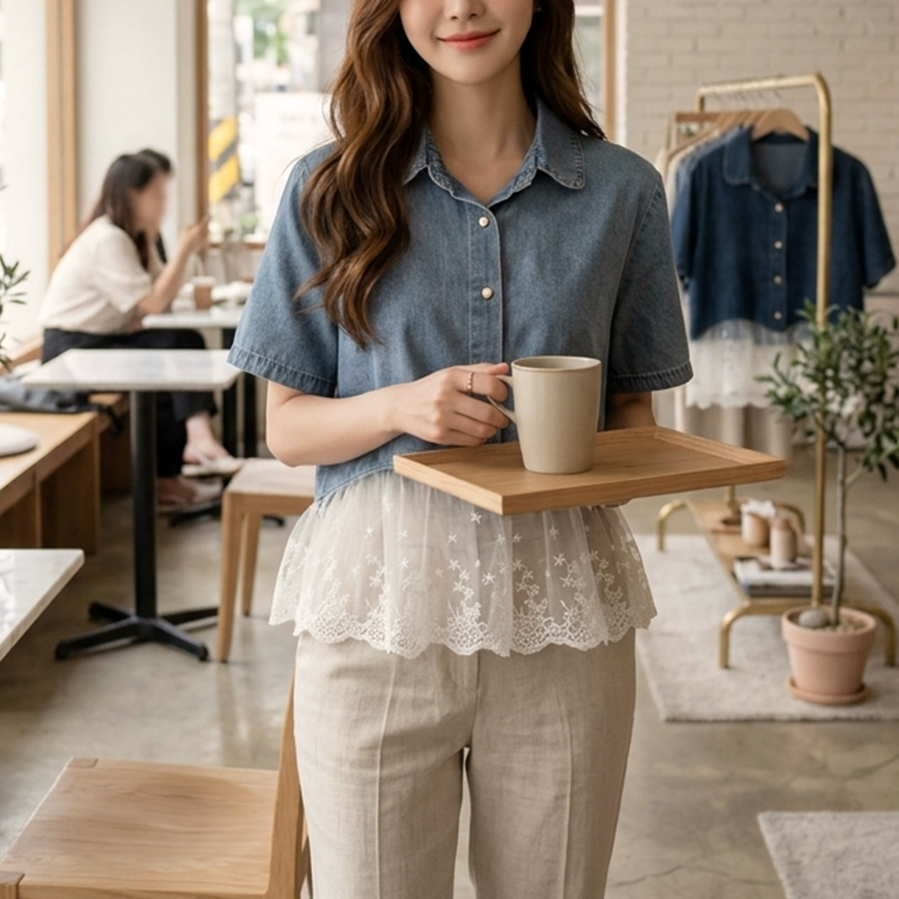 甜美拼接蕾絲牛仔外套