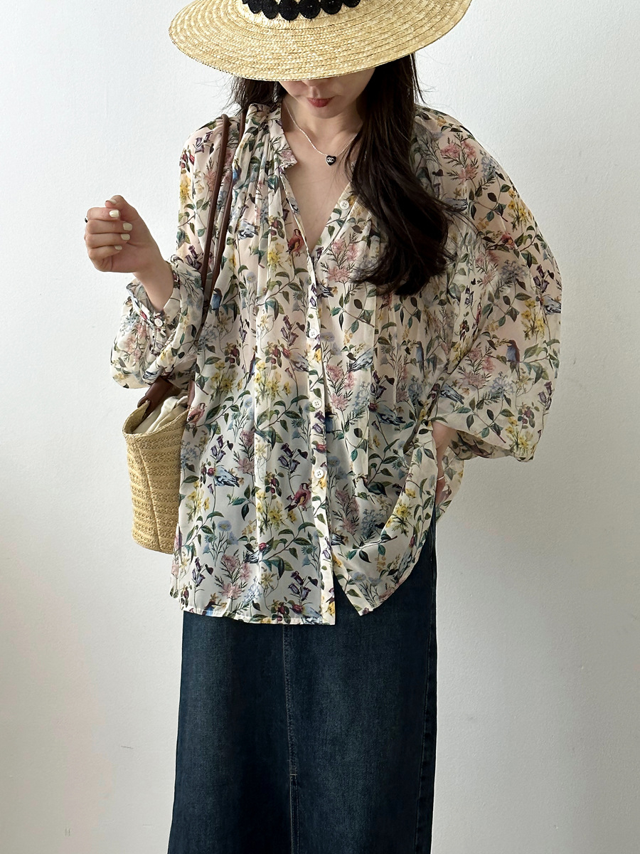 復古慵懶碎花雪紡襯衫,evaviva,8C-GC7913,復古慵懶碎花雪紡襯衫,領500,999免運