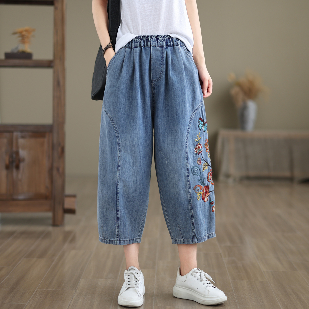 文青風格刺繡牛仔寬褲,evaviva,8C-EA7926,文青風格刺繡牛仔寬褲,領500,999免運