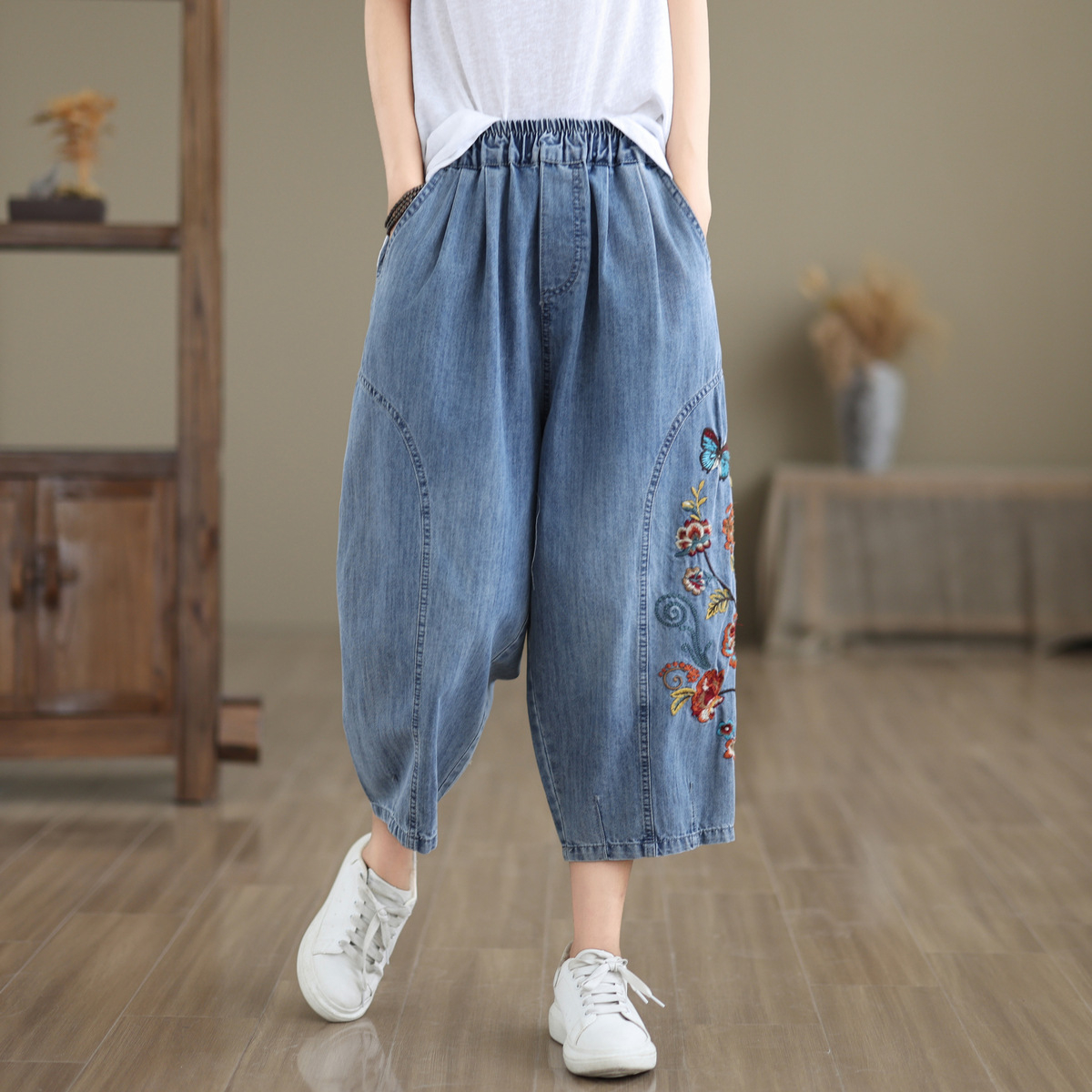 文青風格刺繡牛仔寬褲,evaviva,8C-EA7926,文青風格刺繡牛仔寬褲,領500,999免運