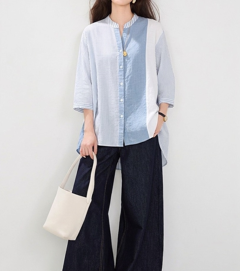 率性拼接小立領襯衫,evaviva,8C-EA7927,率性拼接小立領襯衫,領500,999免運