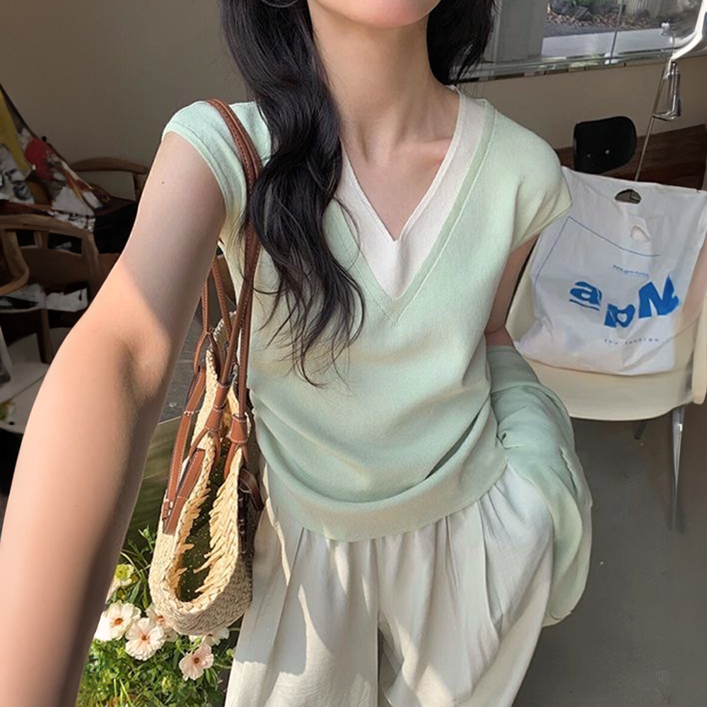 超顯瘦假兩件冰絲上衣