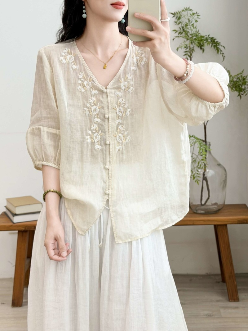 清新刺繡透膚棉麻襯衫,evaviva,8C-XF7972,清新刺繡透膚棉麻襯衫,領500,999免運