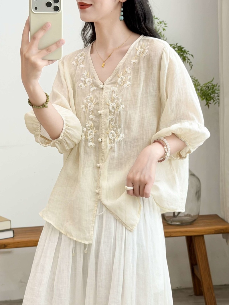 清新刺繡透膚棉麻襯衫,evaviva,8C-XF7972,清新刺繡透膚棉麻襯衫,領500,999免運