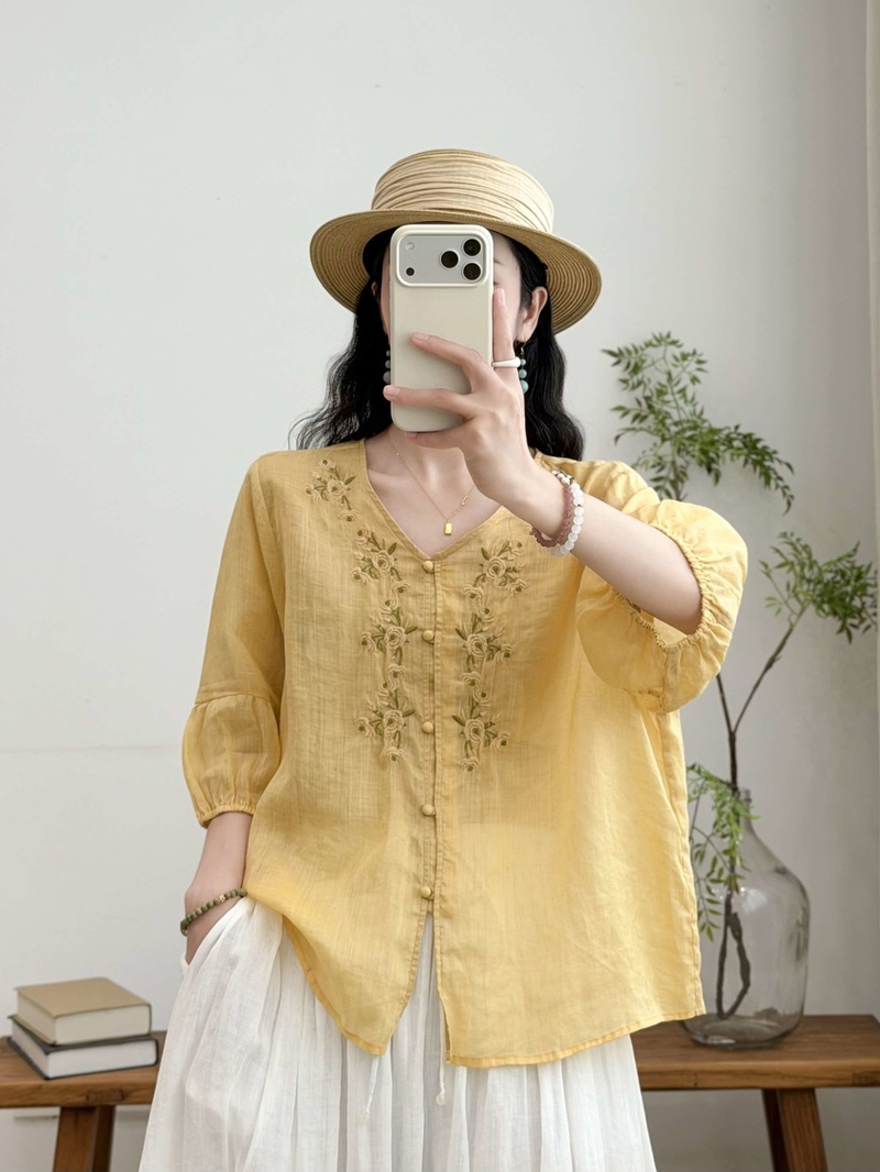 清新刺繡透膚棉麻襯衫,evaviva,8C-XF7972,清新刺繡透膚棉麻襯衫,領500,999免運