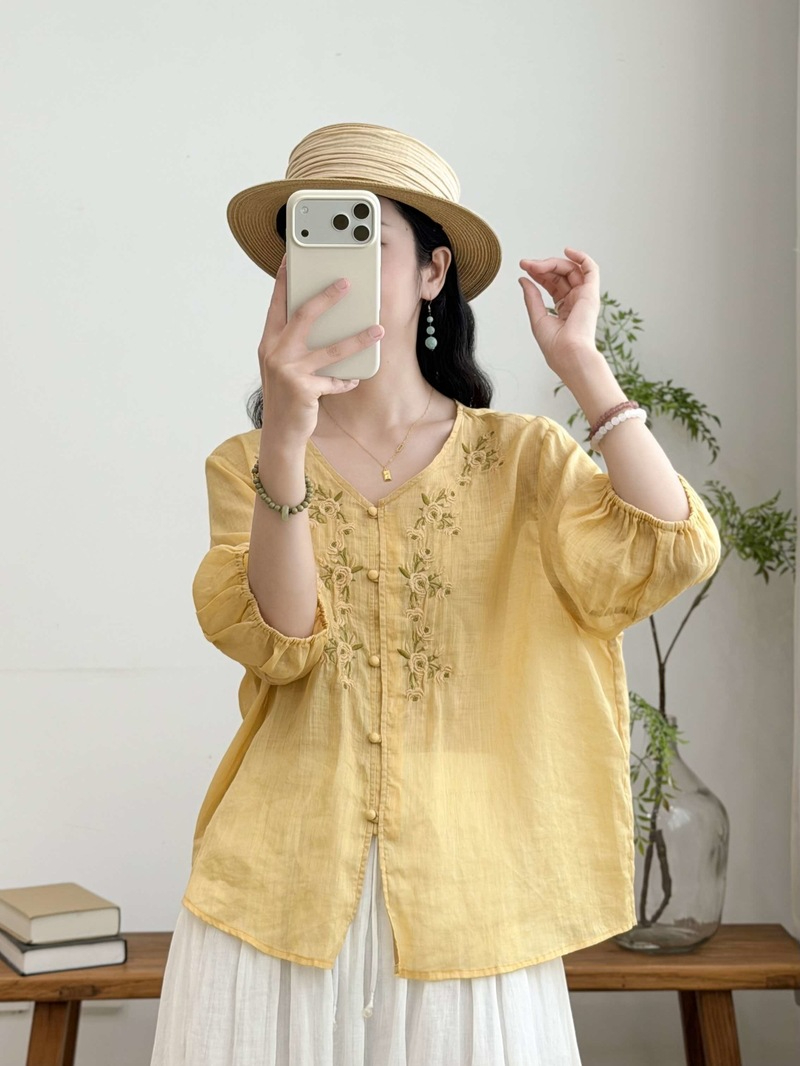 清新刺繡透膚棉麻襯衫,evaviva,8C-XF7972,清新刺繡透膚棉麻襯衫,領500,999免運