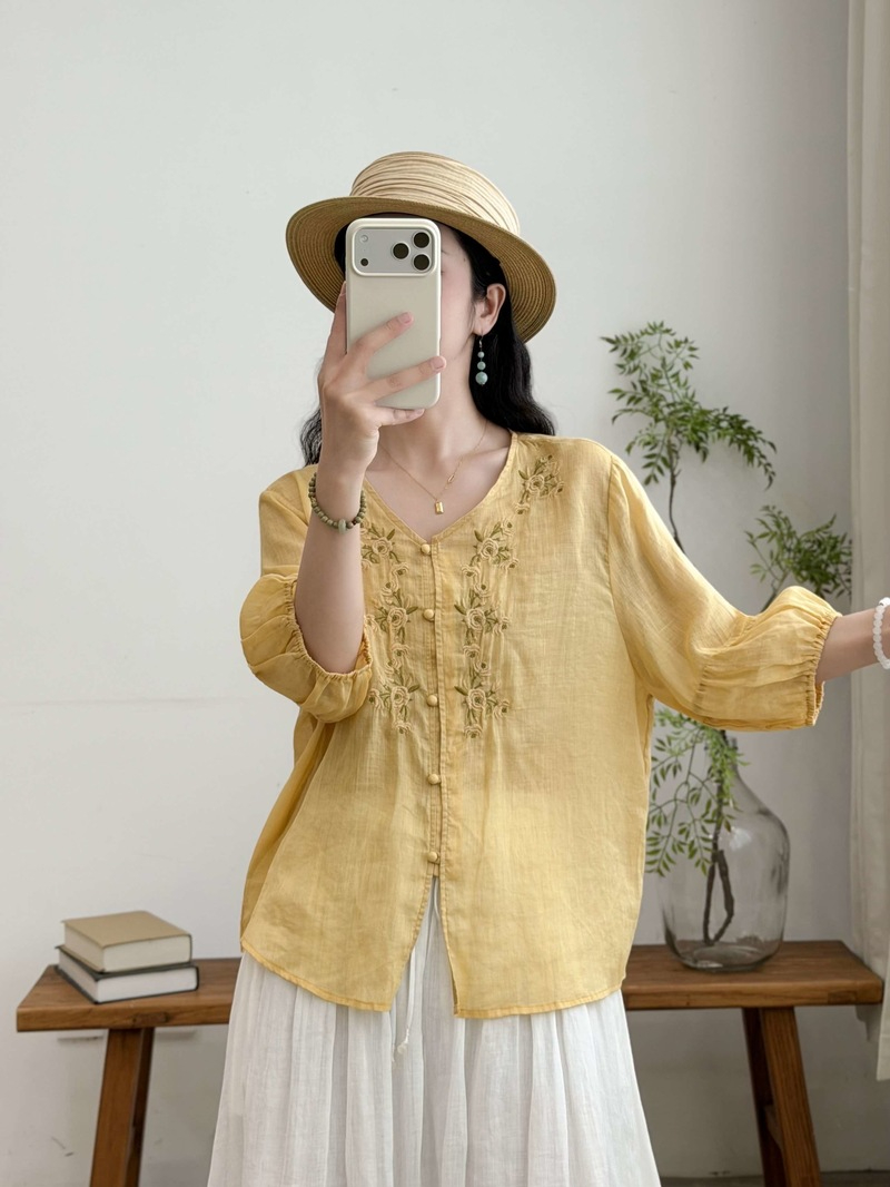 清新刺繡透膚棉麻襯衫,evaviva,8C-XF7972,清新刺繡透膚棉麻襯衫,領500,999免運
