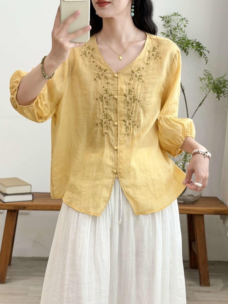 清新刺繡透膚棉麻襯衫,evaviva,8C-XF7972,清新刺繡透膚棉麻襯衫,領500,999免運