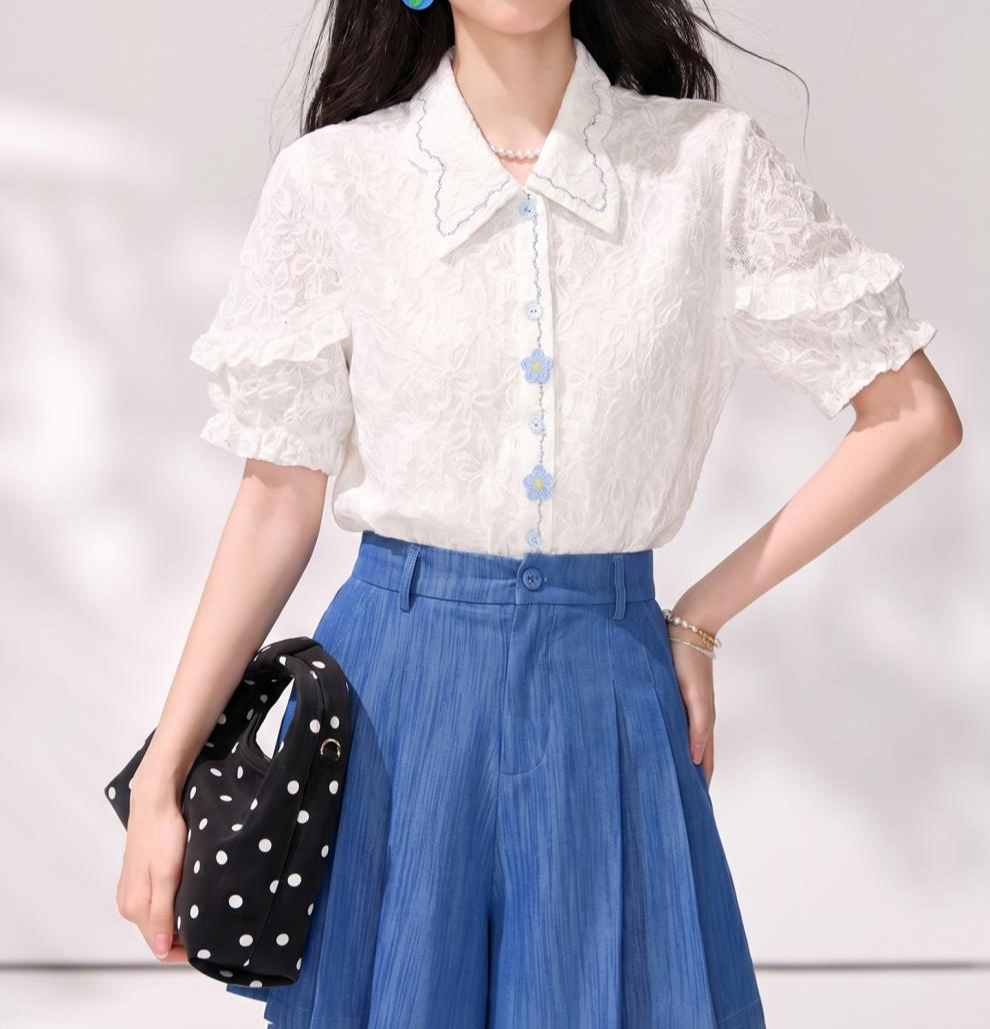 法式翻領精緻立體花朵襯衫,evaviva,8C-GO8003,法式翻領精緻立體花朵襯衫,領500,999免運