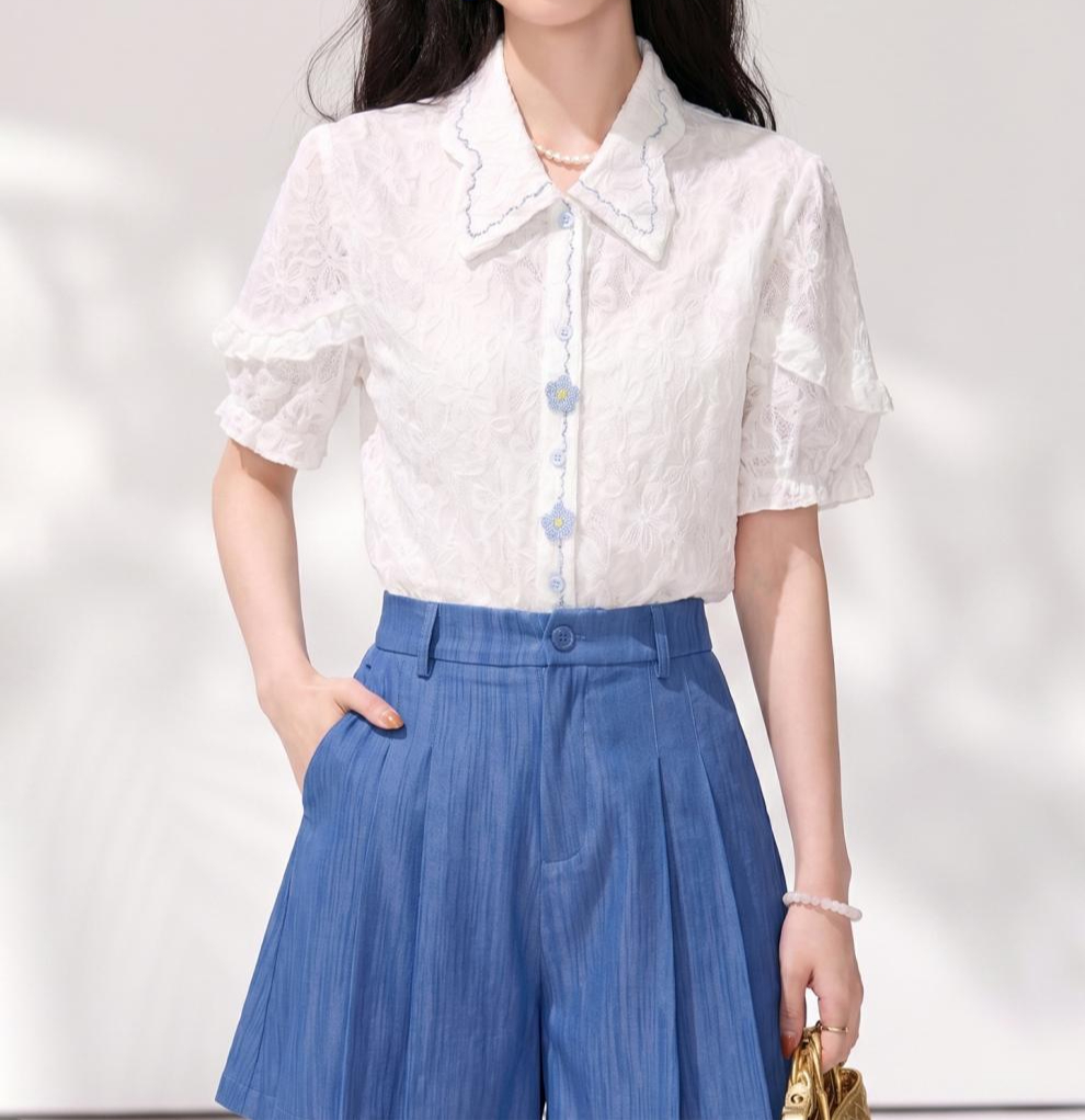 法式翻領精緻立體花朵襯衫,evaviva,8C-GO8003,法式翻領精緻立體花朵襯衫,領500,999免運
