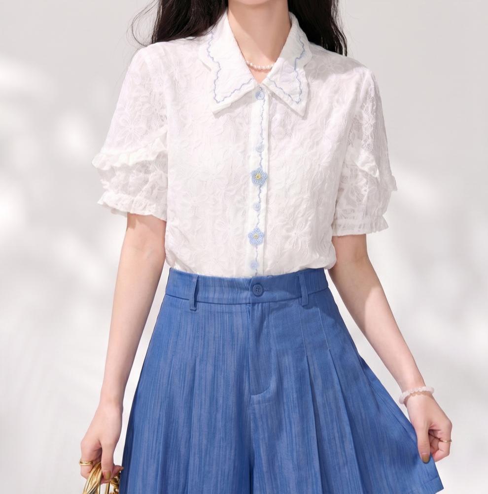 法式翻領精緻立體花朵襯衫,evaviva,8C-GO8003,法式翻領精緻立體花朵襯衫,領500,999免運