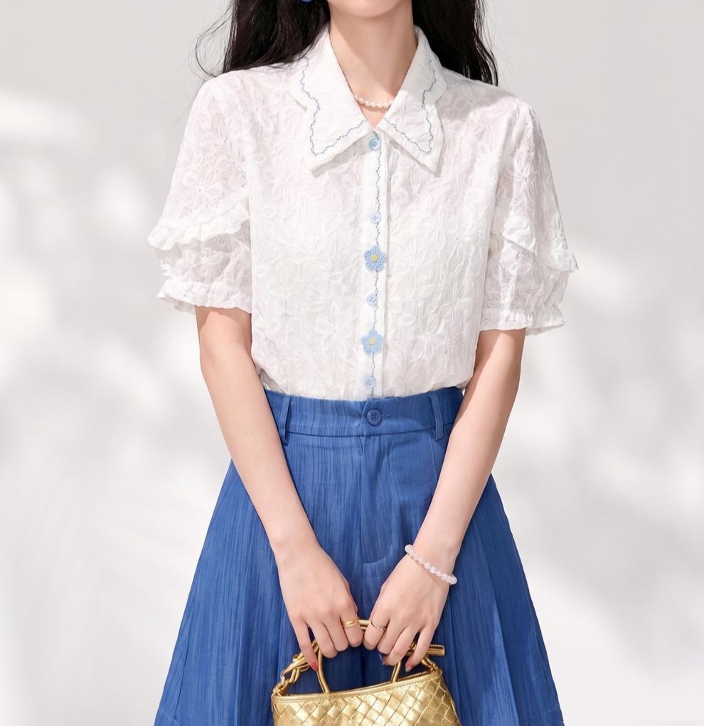法式翻領精緻立體花朵襯衫,evaviva,8C-GO8003,法式翻領精緻立體花朵襯衫,領500,999免運