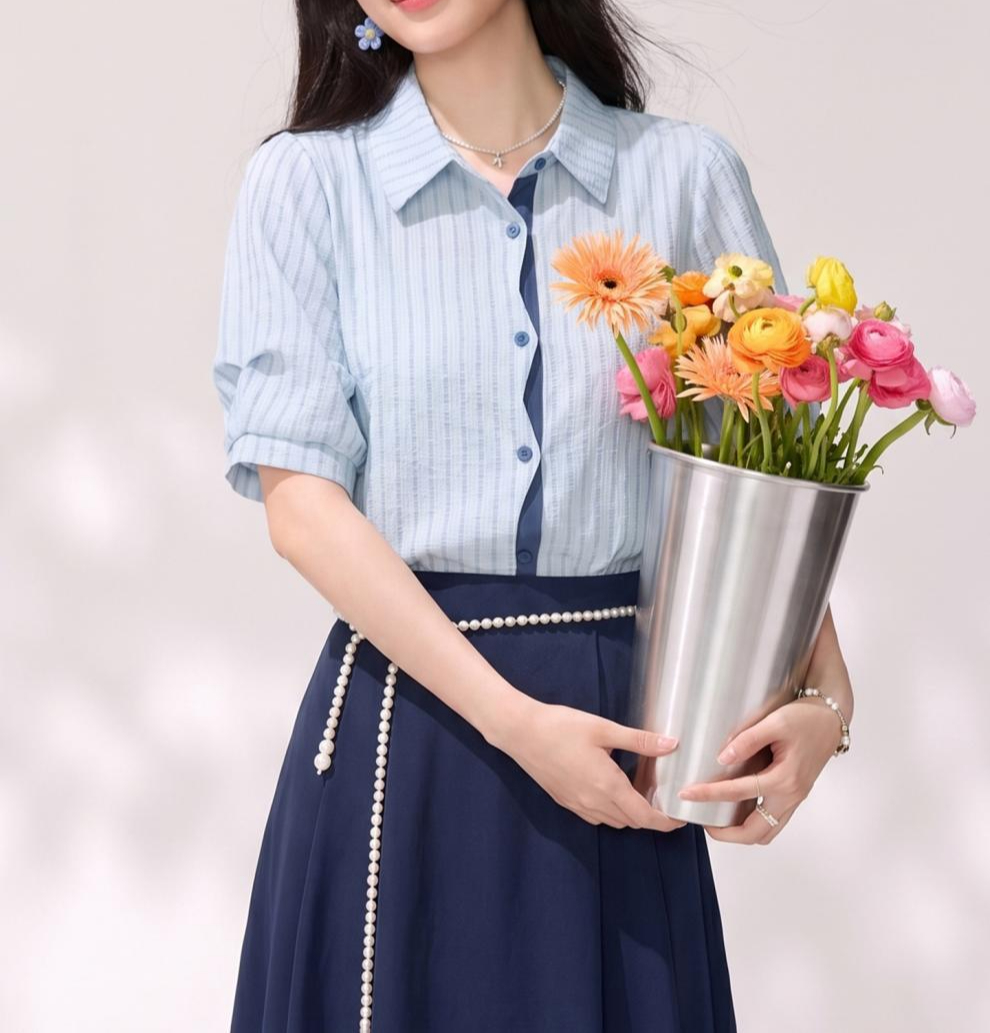 時尚撞色前襟條紋襯衫,evaviva,8C-GO8007,時尚撞色前襟條紋襯衫,領500,999免運
