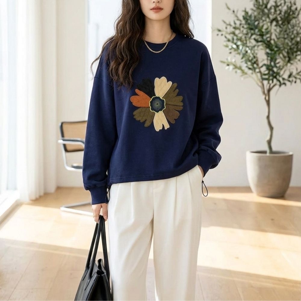 寬鬆休閒花朵刺繡圖案上衣