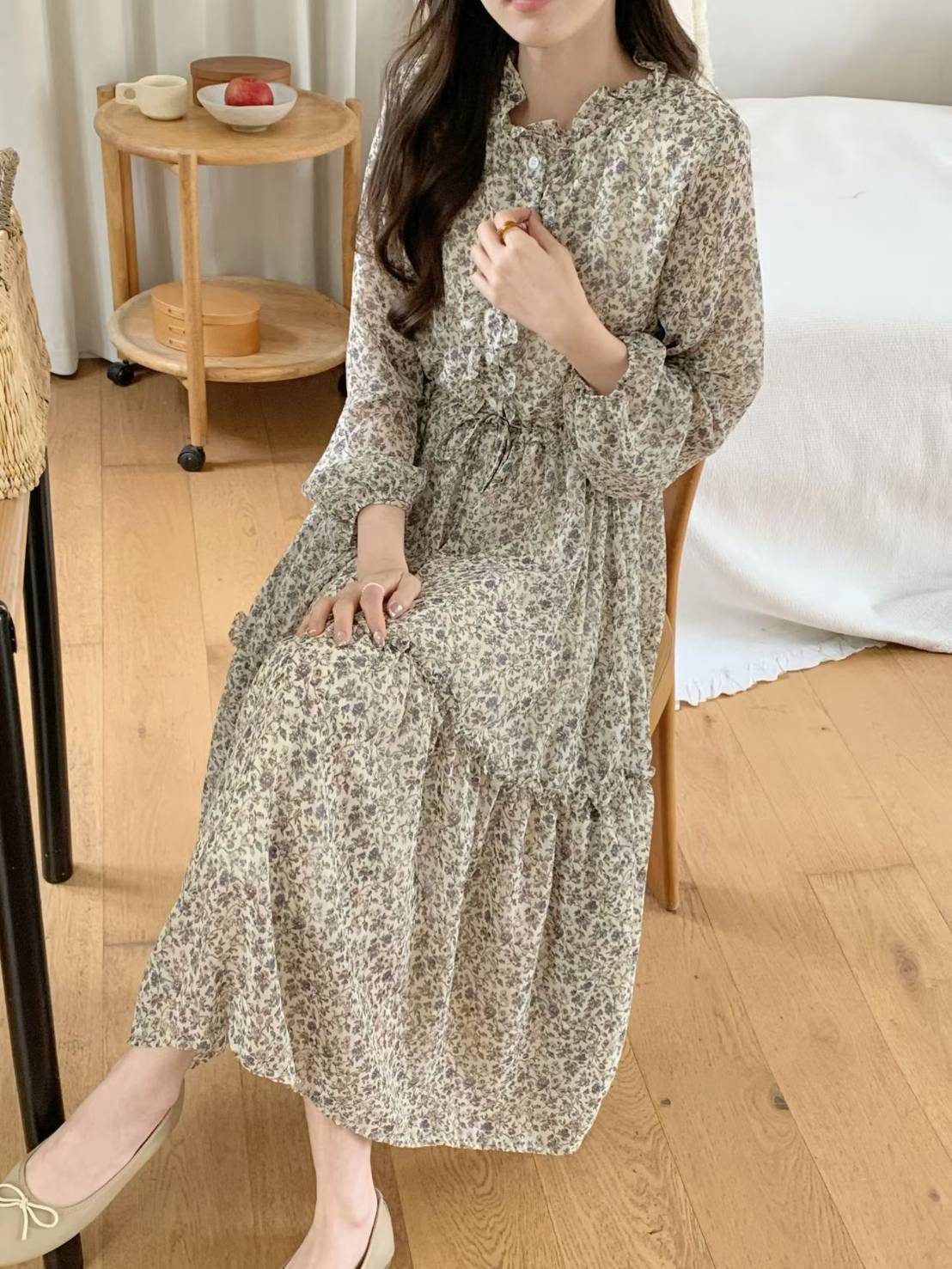 田園碎花荷葉洋裝,evaviva,99-AV8040,田園碎花荷葉洋裝,領500,999免運