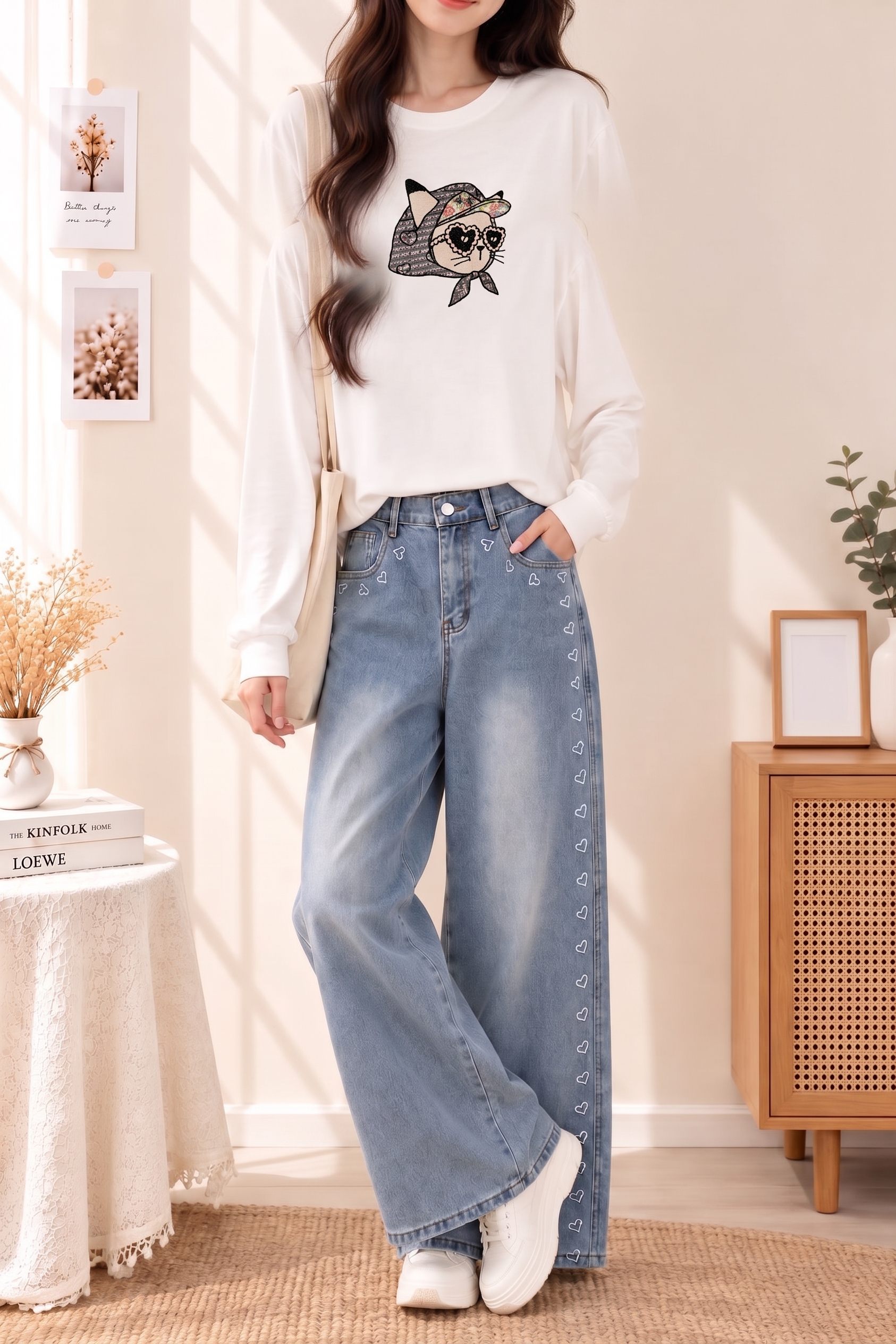 甜美愛心刺繡牛仔褲,evaviva,99-AV8042,甜美愛心刺繡牛仔褲,領500,999免運