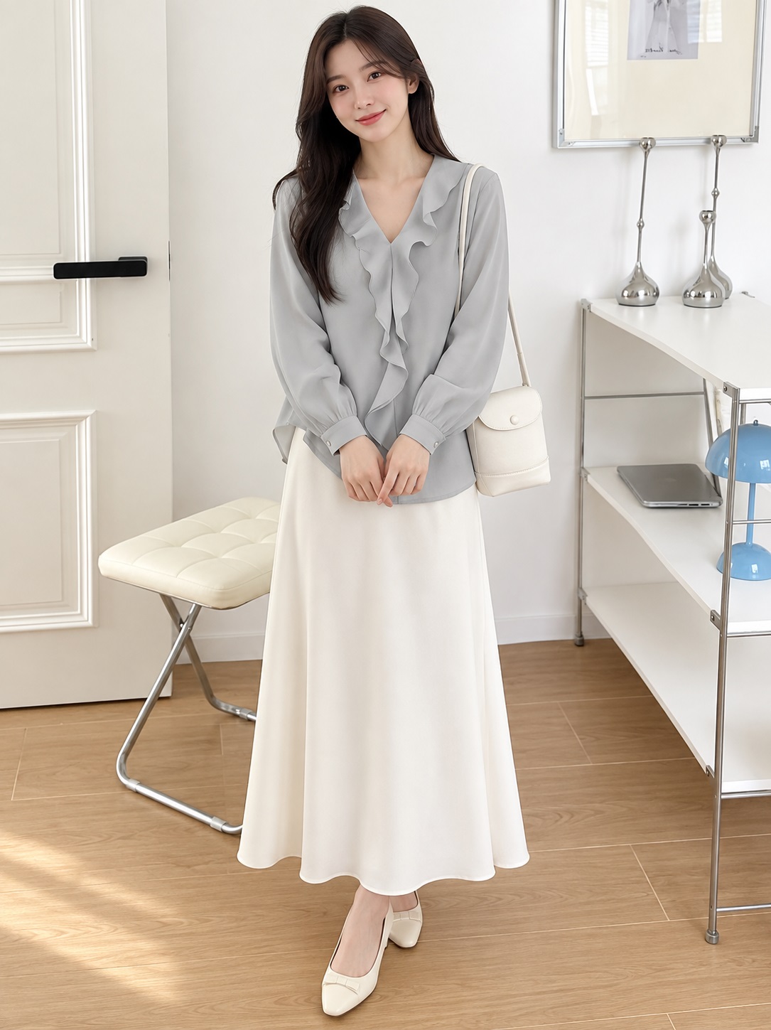 優雅荷葉領垂墜襯衫,evaviva,99-AV8051,優雅荷葉領垂墜襯衫,領500,999免運