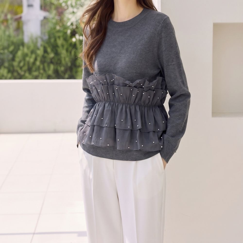 甜美綴珠層次針織衫,evaviva,99-AV8054,甜美綴珠層次針織衫,領500,999免運