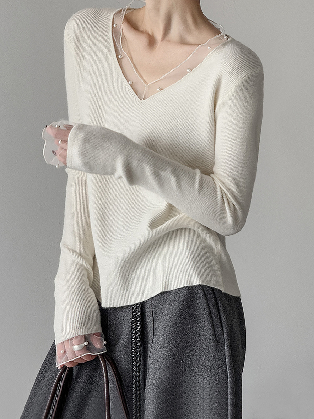 柔光珠飾網紗針織衫,evaviva,8C-GC8078,柔光珠飾網紗針織衫,領500,999免運
