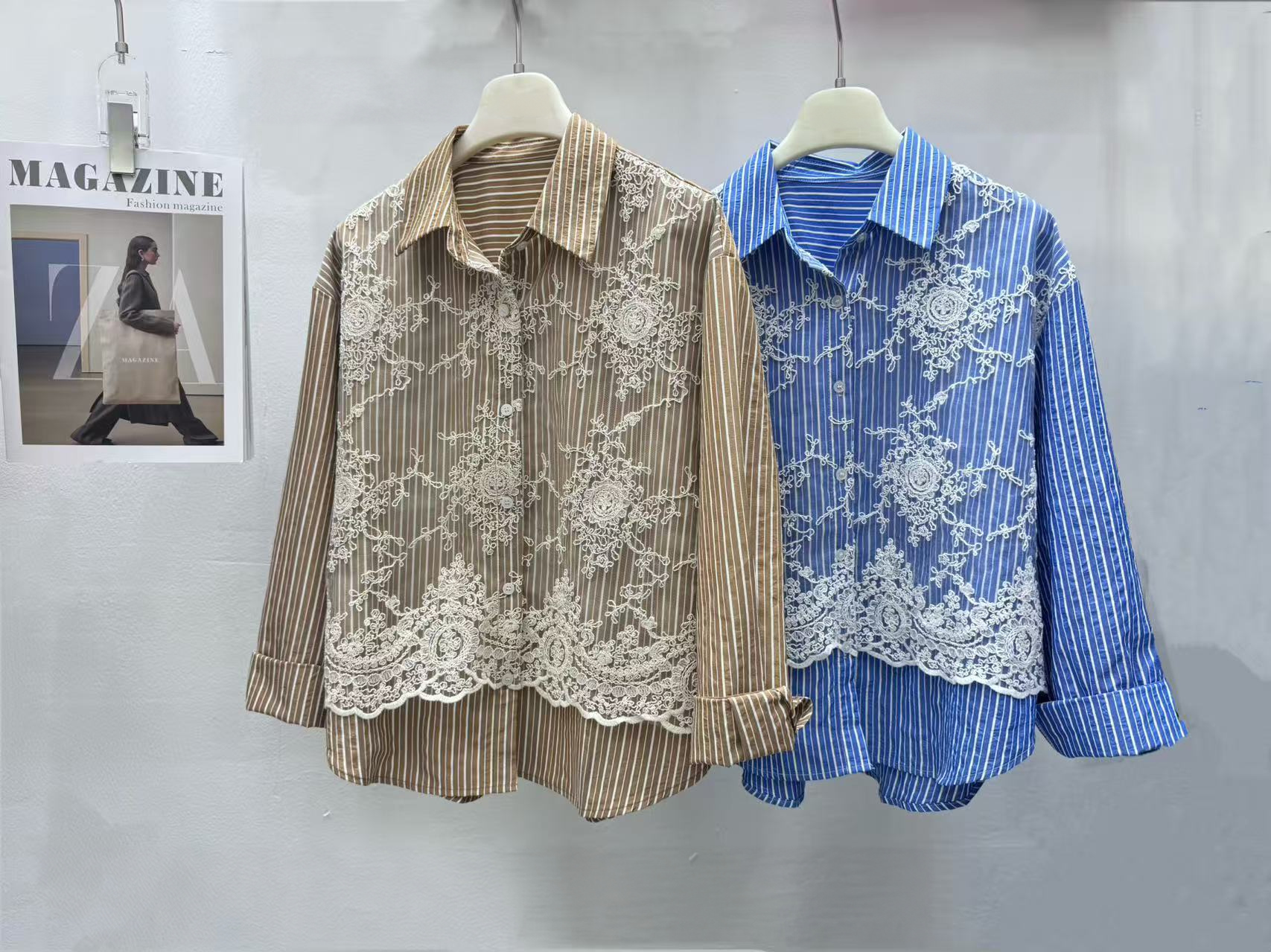 柔美蕾絲條紋襯衫,evaviva,8E-26A0031,柔美蕾絲條紋襯衫,領500,999免運