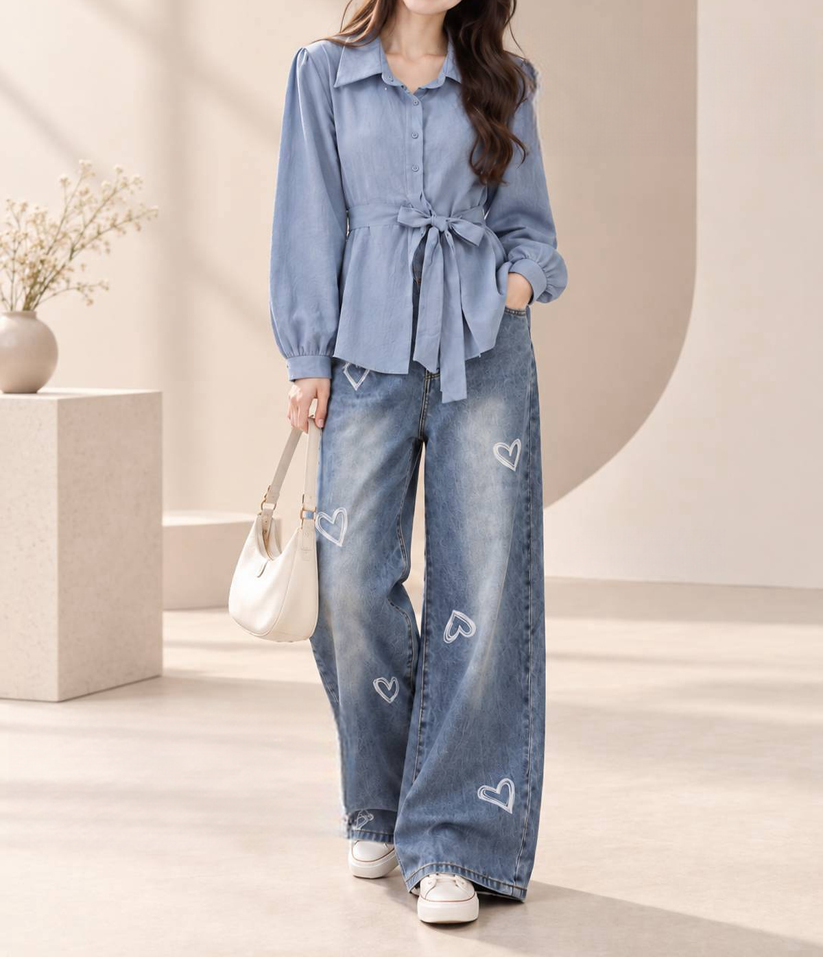 俏皮愛心牛仔寬褲,evaviva,99-AV8116,俏皮愛心牛仔寬褲,領500,999免運