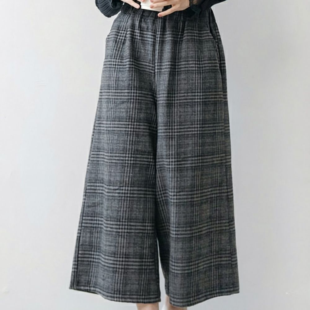 經典格紋毛料鬆緊腰寬褲