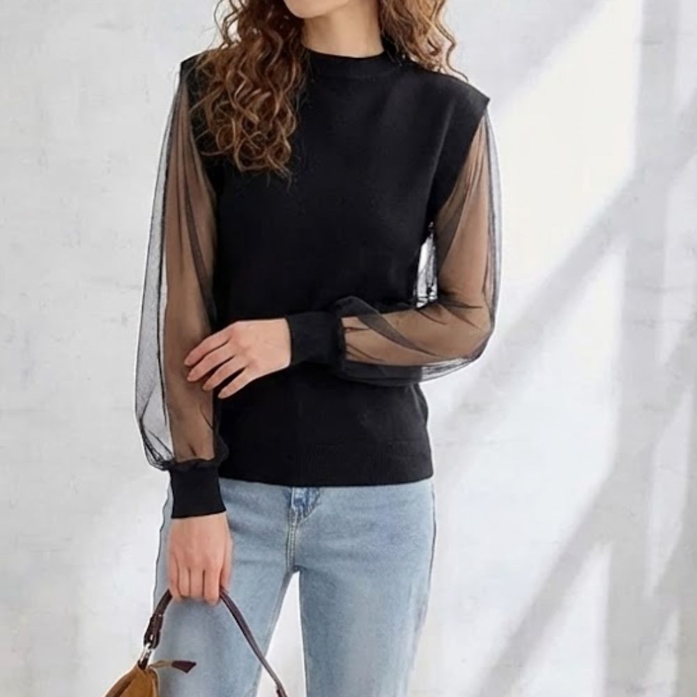 性感網紗拼接袖針織上衣