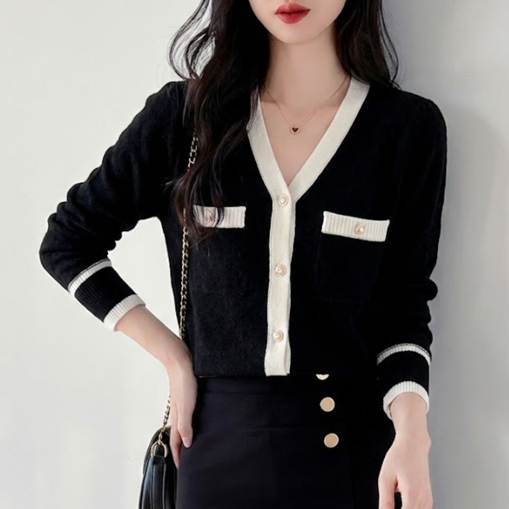 小香風V領撞色針織上衣