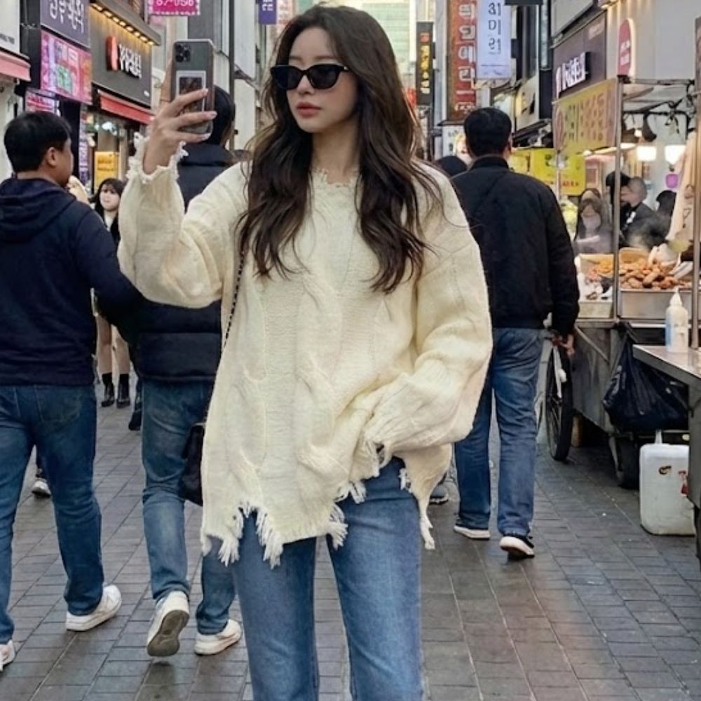 設計感刷破麻花紋上衣