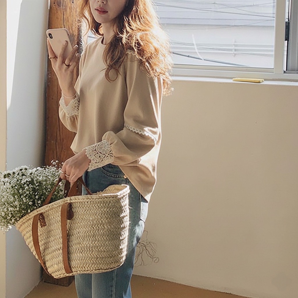 名媛拼接蕾絲設計圓領上衣